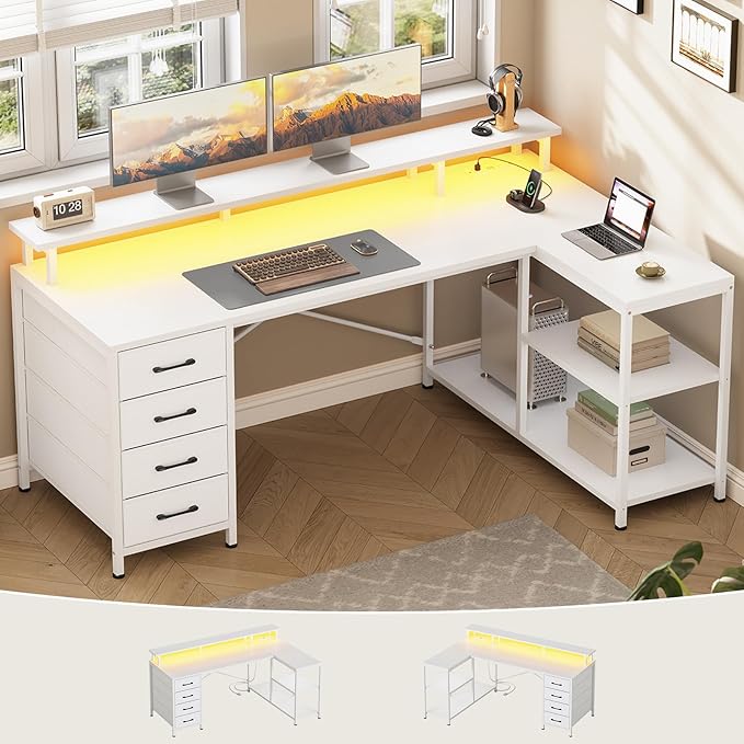 SEDETA L Shaped Desk with 4 Drawers and Storage Shelves, L Shaped Gaming Desk with LED Lights & Power Outlets, Computer Desk with Shelves & Drawer, Corner Desk Home Office Desk, White