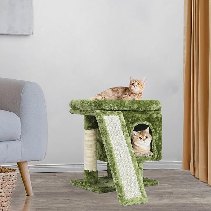 YANDLVY Small Cat Tower for Cats, Cute Cat Tree for Indoor Cats, Kittens Condo with Scratching Post and Board, Cat Cave, Modern Cat Activity House with Plush Perch (Green)
