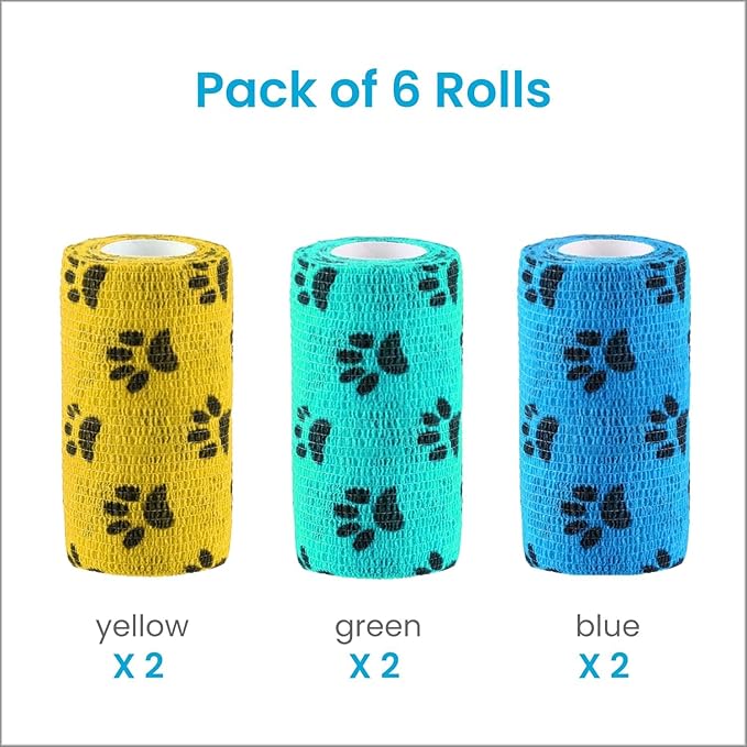 WePet Pet Wrap, Self-Adhesive, Only Sticks to Itself, Non-Woven Tape for Dog Legs, Paws, Wounds, First Aid Cohesive Gauze for Horse, Cat, Bird, Animal, 6 Rolls, 4 Inch, Pawprints A