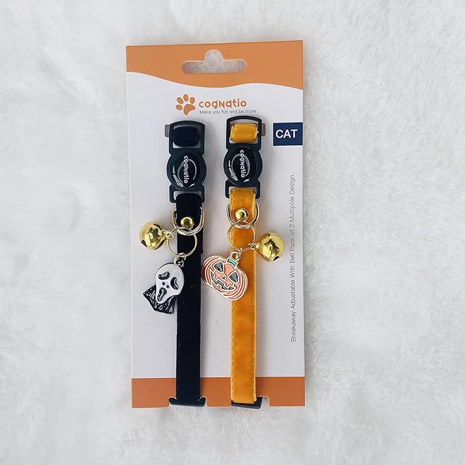 Safety Quick Release Cat Collars,Double Velvet with Bell Available in a Range Colors,Perfect for Your Kitty, Adjustable 20-30 cm (20-30cm, Halloween Set)