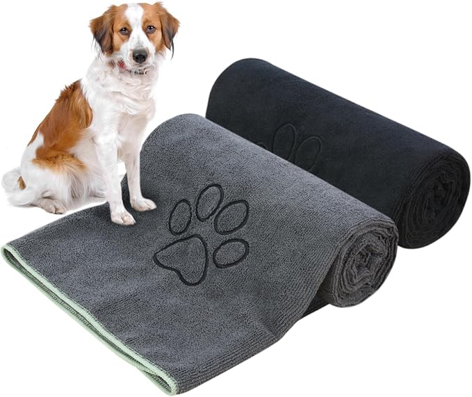KinHwa Dog Towels Super Absorbent Microfiber Dog Drying Towel for Drying Dogs Soft Pet Bath Towels and Cats with Embroidered Paw Black and Grey 30inch x 50inch
