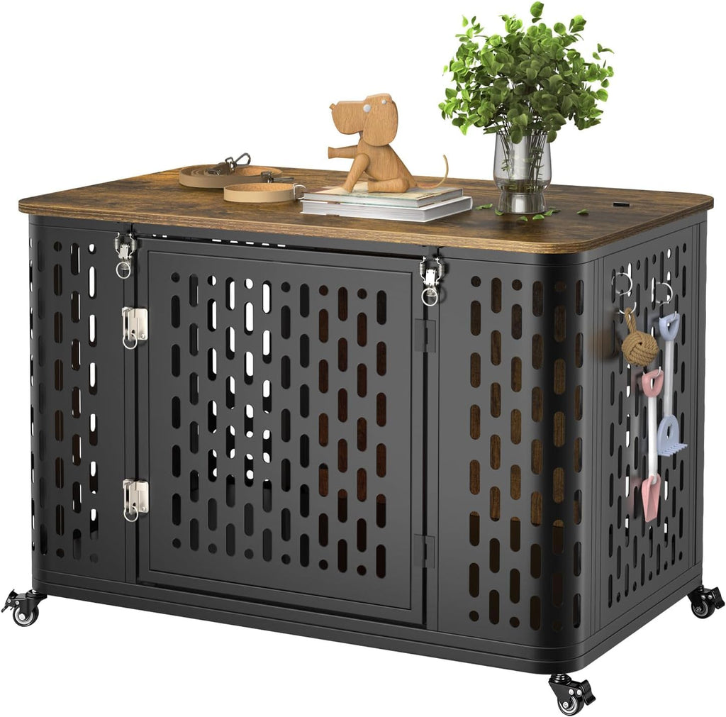 Dog Crate with Cushion, 38" Wood Heavy Duty Dog Crate Furniture with Flip Top & Wheels for High Anxiety Dogs, Escape Proof Pet Cage for Small/Medium Dogs