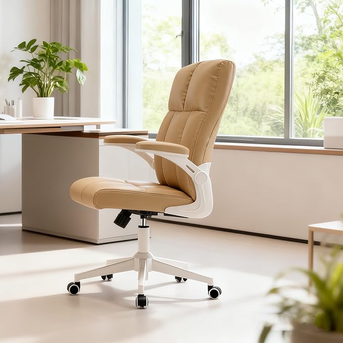 Computer Chair, Ergonomic Home Office Desk Chair with Space Saving Flip-Up Arms, 360° Swivel & Reclining Back, High-Back Executive Chair in Soft Faux Leather Chair Multi-Angle from 90° to 135°