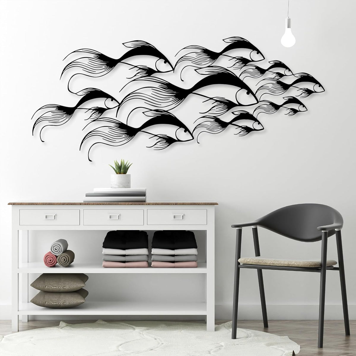 School of Fish Metal Wall Art, Metal Fish Wall Decor, Sea Life Wall Art, Large Nautical Wall Hanging, Modern Beach House Wall Decor, Ocean Themed Artwork for Bathroom (White, 59"x25" | 150x64cm)