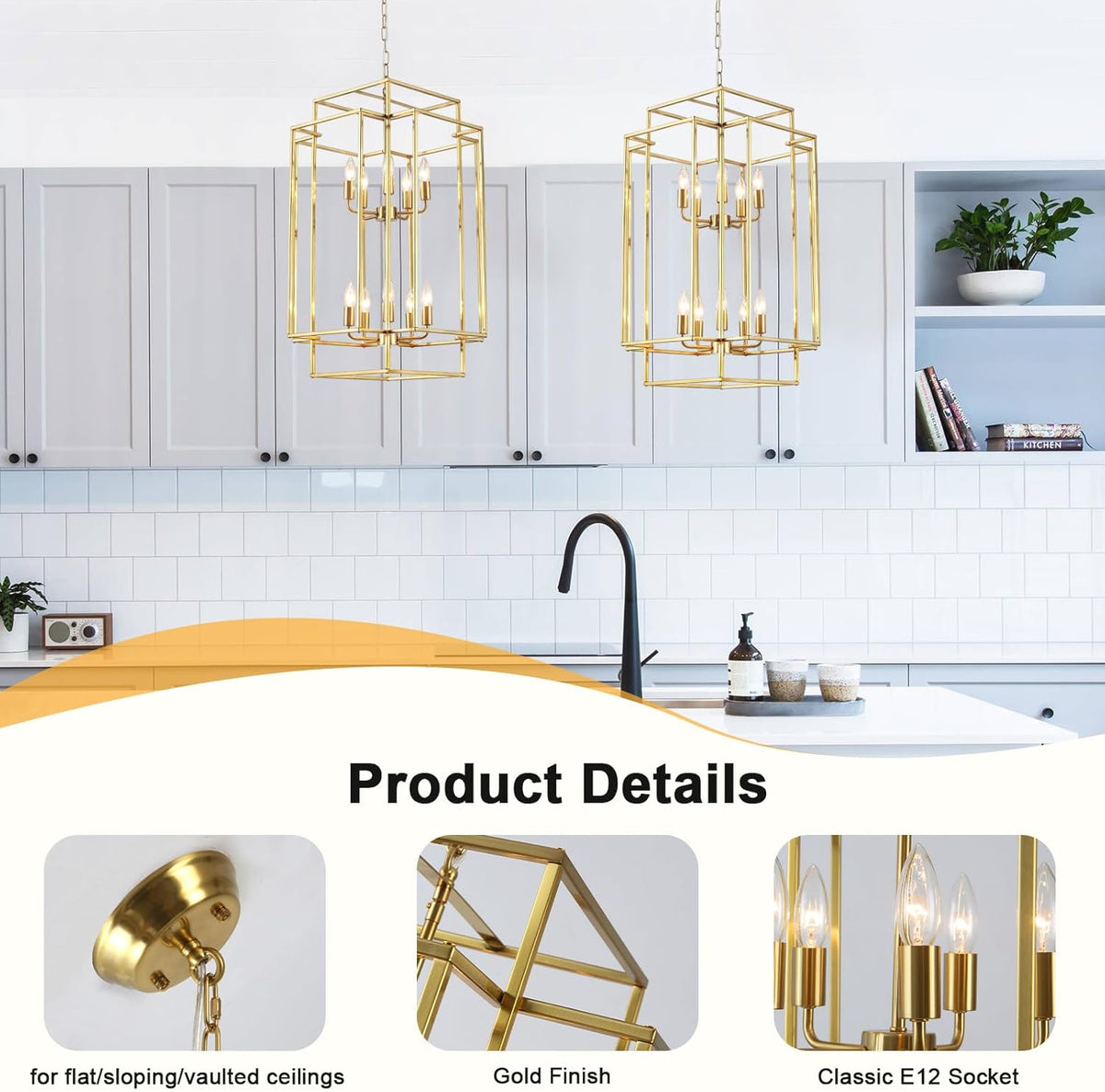 30" Farmhouse Gold Chandelier, 10-Light Foyer Lighting Fixtures, Lantern Tiered Pendant Light Fixtures, Metal Rustic High Ceiling Chandelier for Dining Room Entryway Staircase