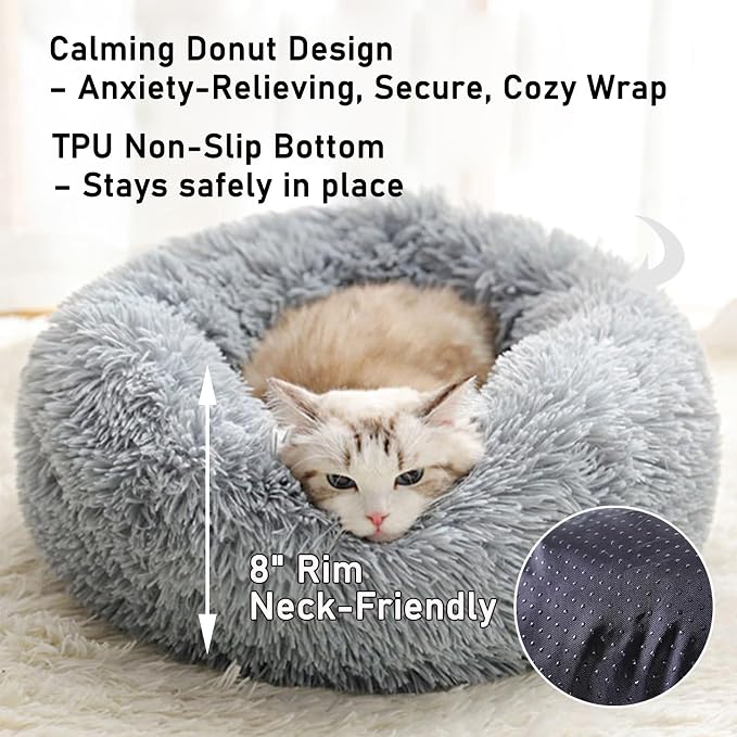 Calming Donut Dog Beds for Small Dogs Kitten - Washable Removable Cover Non-Slip Bottom, Round Pet Bed Puppy Bed Warming Fluffy Faux Fur Anti-Anxiety, Fits up to 15 lbs (Light Grey, 20")
