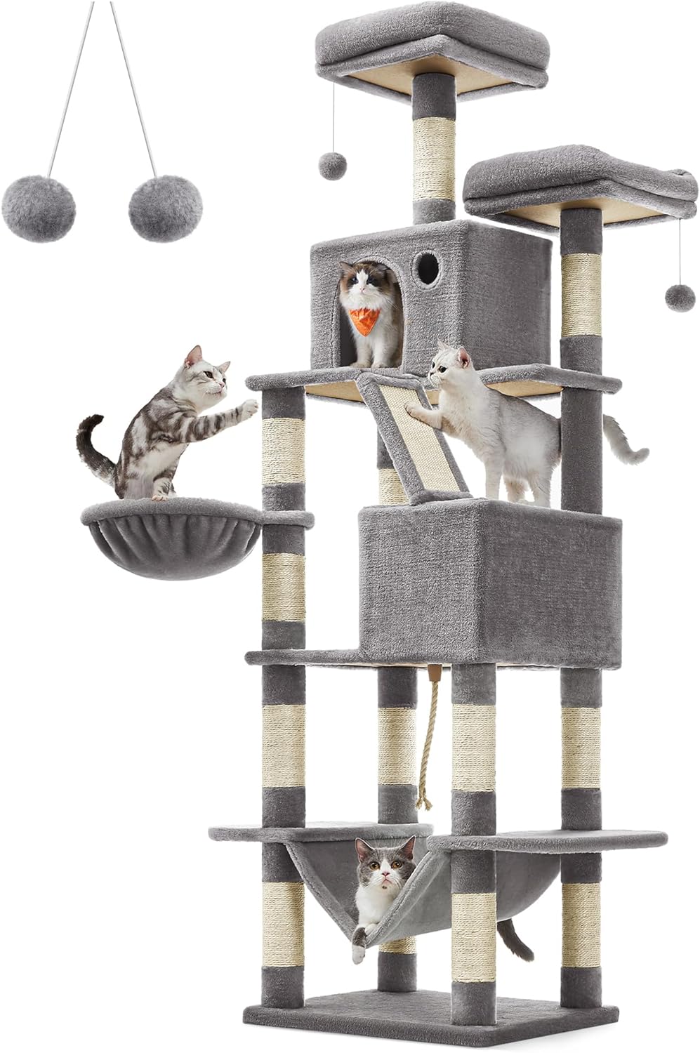 Feandrea Cat Tree, 81.1-Inch Large Cat Tower with 13 Scratching Posts, 2 Perches, 2 Caves, Basket, Hammock, Pompoms, Multi-Level Plush Cat Condo for Indoor Cats, Light Gray UPCT190W01