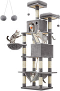 Feandrea Cat Tree, 81.1-Inch Large Cat Tower with 13 Scratching Posts, 2 Perches, 2 Caves, Basket, Hammock, Pompoms, Multi-Level Plush Cat Condo for Indoor Cats, Light Gray UPCT190W01
