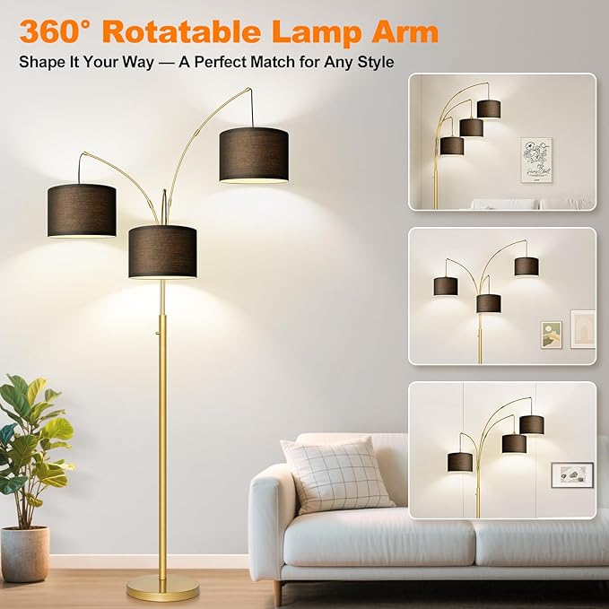 Dimmable Floor Lamp - 3 Lights Gold Arc Floor Lamps for Living Room, 1000LM Modern Tall Standing Lamp With Black Shades&Heavy Base, Mid Century Tree Floor Lamp for Bedroom Office, 3 LED Bulbs Included