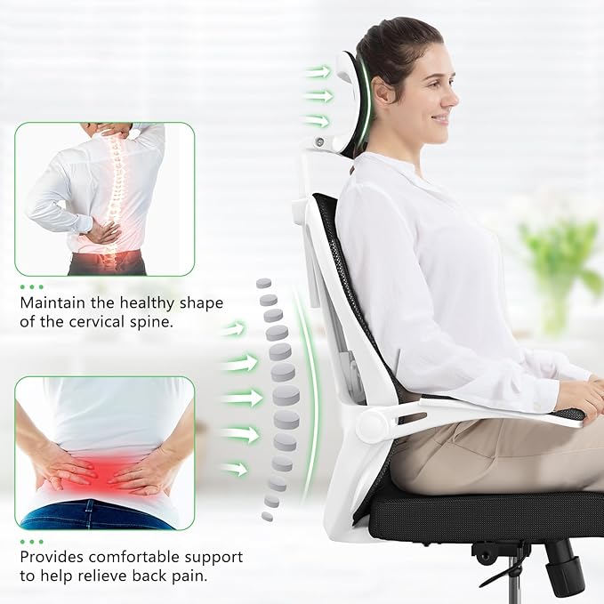 Office Chair,Ergonomic Comfy Home Desk Chair with 350LBS Capacity,High Back Gaming Chair with Wheels,Mesh Computer Chair,Lumbar Support, Adjustable Headrest,Flip-up Armrest (B-Black + White)