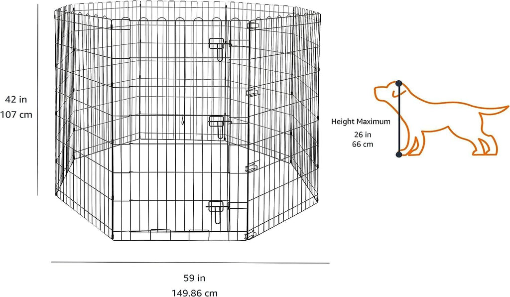 Amazon Basics Foldable Octagonal Metal Exercise Dog Playpen - Indoor/Outdoor, Single Door, Large (8 Panels, 24 x 42), Easy to assemble and store, 42" - Large, Black