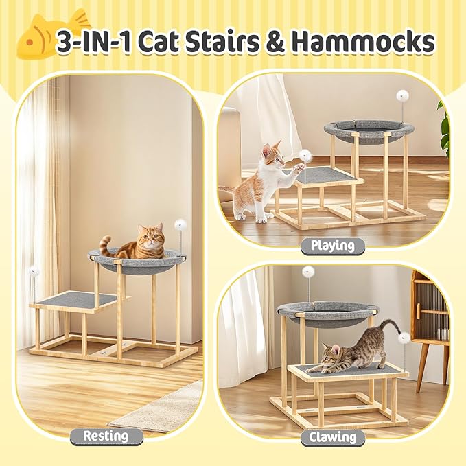 Pawaboo Elevated Cat Hammock Bed, 2-Tier Cats Bed with 2 Teasers, Wooden Cats Furniture with Kitten Scratching Mat,Double Cat Beds Interactive Stair Shaped Pet Hammock for Indoor Kitties Climbing