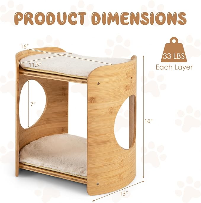 Tangkula Elevated Cat Bed for Indoor Cats, 2-Tier Cute Small Cat Tree Tower with Natural Bamboo Frame, Removable & Washable Soft Plush Mats, Cat Holes, Farmhouse Pet Furniture