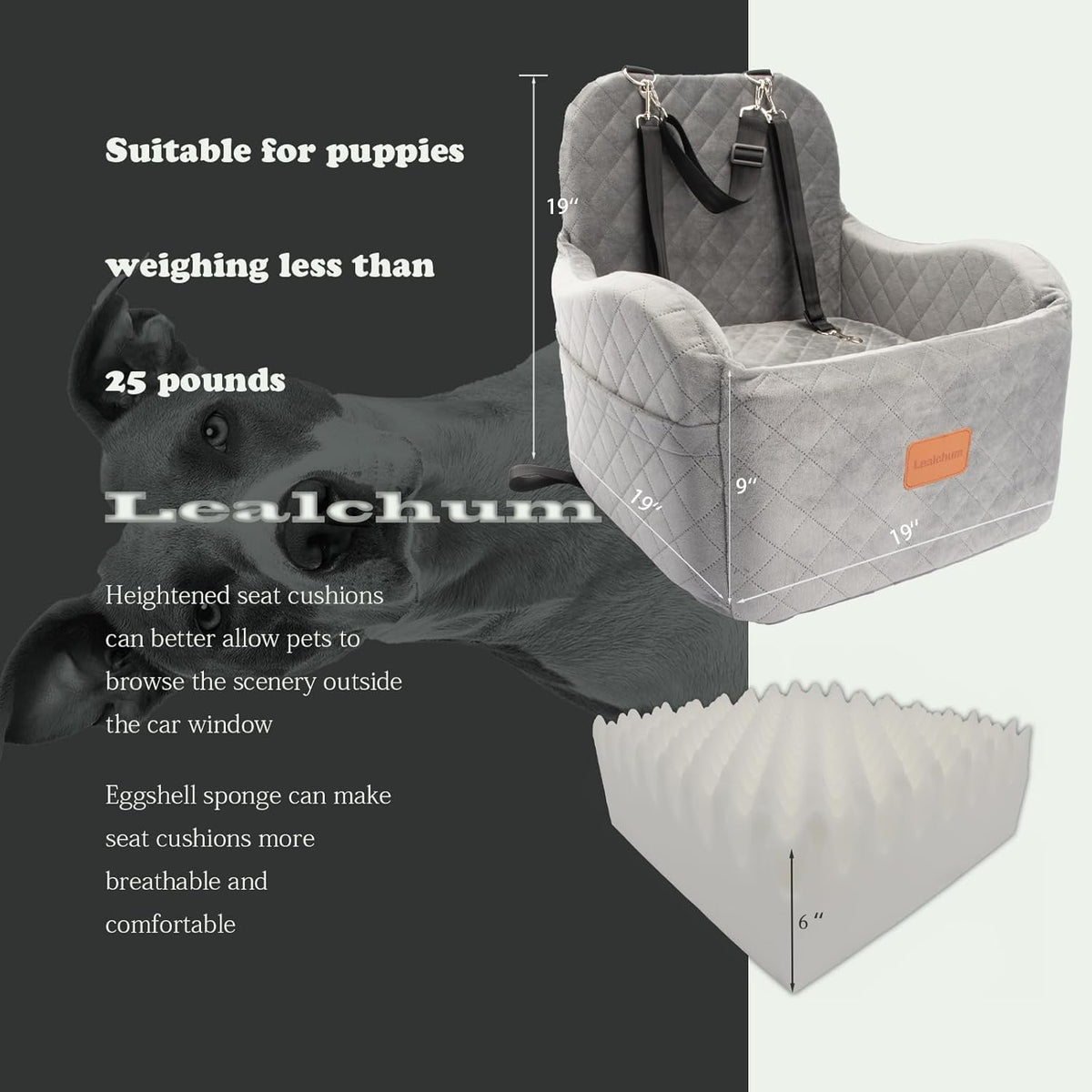 Dog Booster Car Seat for Small/Medium Dogs Up to 35lbs,Ultra Soft Fabric Covered,6in Elevated Cushion,Fully Detachable and Washable,3 Straps & 2 Pockets,Easy to Install(Grey,Medium)
