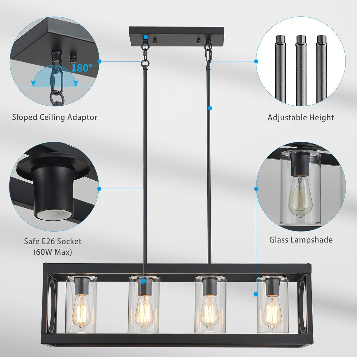 XINGQI Black Kitchen Island Light Fixtures Over Table, 31.5" Rectangular Linear Chandeliers Farmhouse Dining Room Pendant Ceiling 4-Light with Glass Lampshade for Living Room Bar Office