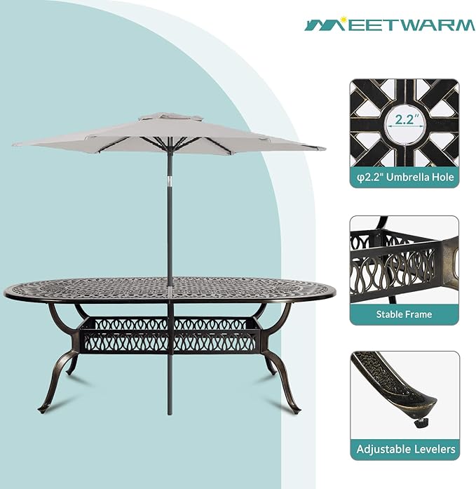 MEETWARM 9-Piece Outdoor Patio Dining Set, All-Weather Cast Aluminum Patio Conversation Set for Backyard Garden Deck with 1 Oval Table, 8 Cushioned Swivel Rocker Chairs, 2" Umbrella Hole, Navy Blue
