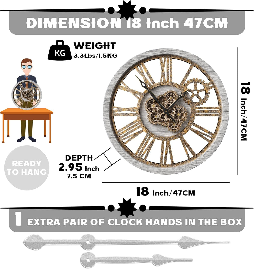 The B-Style Large Wall Clock 24 inch Moving Gear Wall Clock Oversized Vintage Farmhouse Wall Clocks for Living Room Decor Rustic Industrial Wood Clock (Silver Gray, 18 inch/46cm)