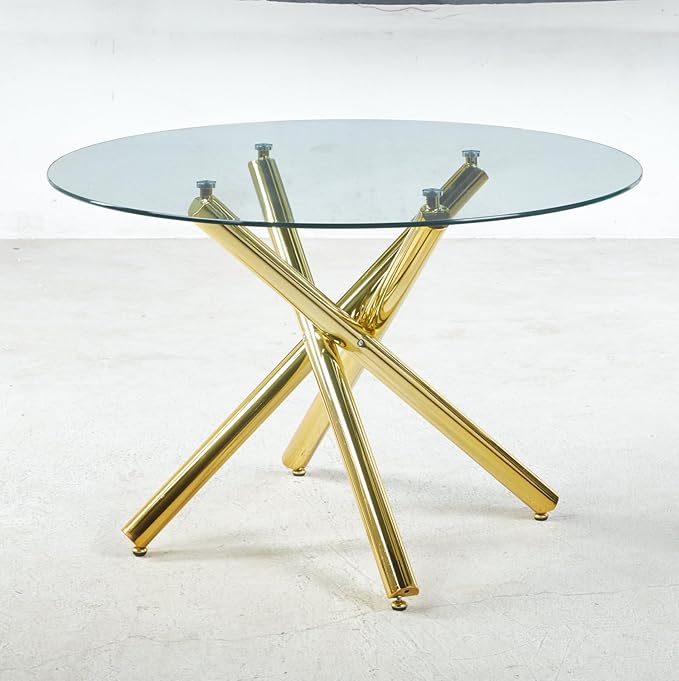 47.24" Round Dining Table for 6 8, Modern Clear Glass Kitchen Table for 6 with Gold X Metal Legs, Contemporary Circle Dining Room Leisure Dinner Tables for Kitchen Apartment