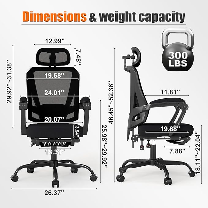 Ergonomic Office Chair with Footrest, High Back Swivel Mesh Desk Chair, Big and Tall Rolling Computer Chair with Headrest, Lumbar Support, 3-Level Tilt Backrest for Home, Bedroom, Work