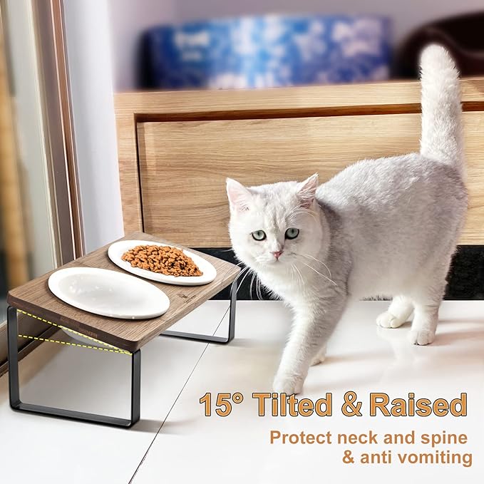 Sunhoo Ceramic Elevated Cat Bowls Raised Puppy Dishes for Food and Water Tilted Wooden Stand for Indoor Cats 5.5 inch Wide Double Dish Orthopedic Reduces Vomiting (Brown)