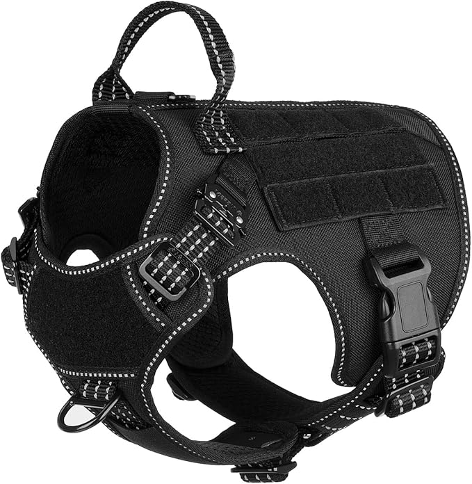 ICEFANG Tactical Dog Harness, Small Size,2X Metal Buckle,Working Dog MOLLE Vest with Handle,No Pulling Front Leash Clip,Hook and Loop Panel (Black,S (Pack of 1))