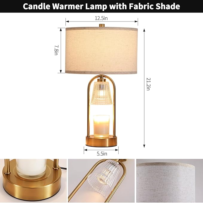 Plug in Gold Candle Warmer Lamp with Timer Dimmable, Wax Melts Candle Warmer with Beige Fabric Shade Lamp, Gold Table Lamp for Bedroom,Mothers, Gifts,Scented Jar, Include 3 Bulb