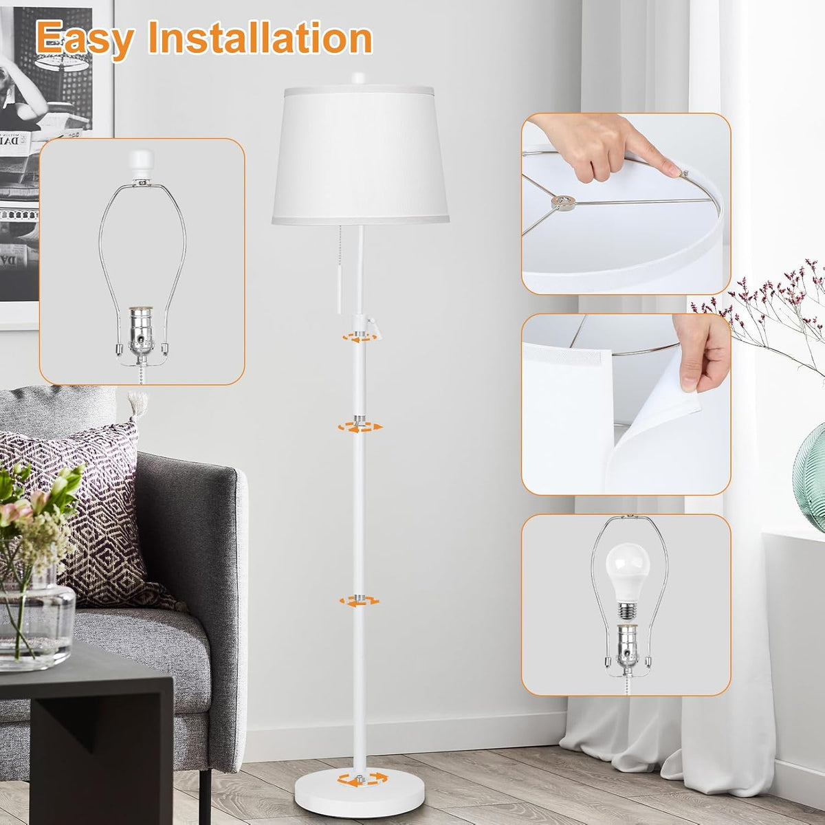 White Floor Lamp for Living Room 55-65" Adjustable Height Modern Standing Lamp with Pull Chain Tall Pole Light with White Shade for Bedroom Reading Office Corner Nursery 9W LED Bulb Included 3 Color