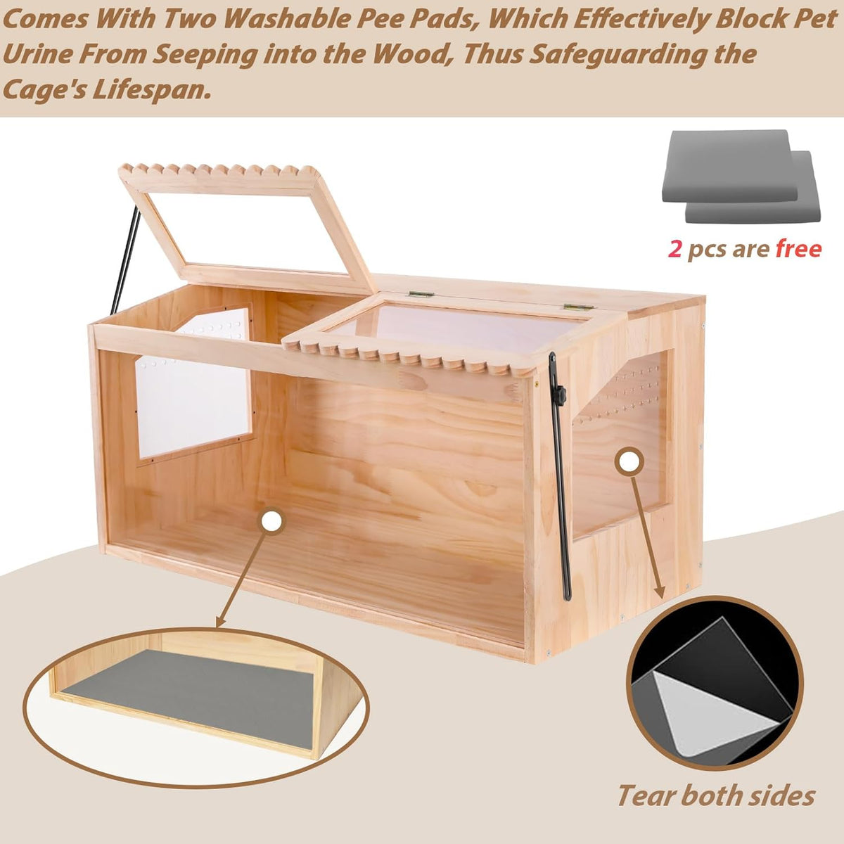 Wooden Hamster Cage, 32"x16"Guinea Pig Cage, Small Animal Cage for Dwarf Syrian Hamsters Degus Mice & Other Small Pets. Large Hamster cage with with 2 Adjustable skylights.