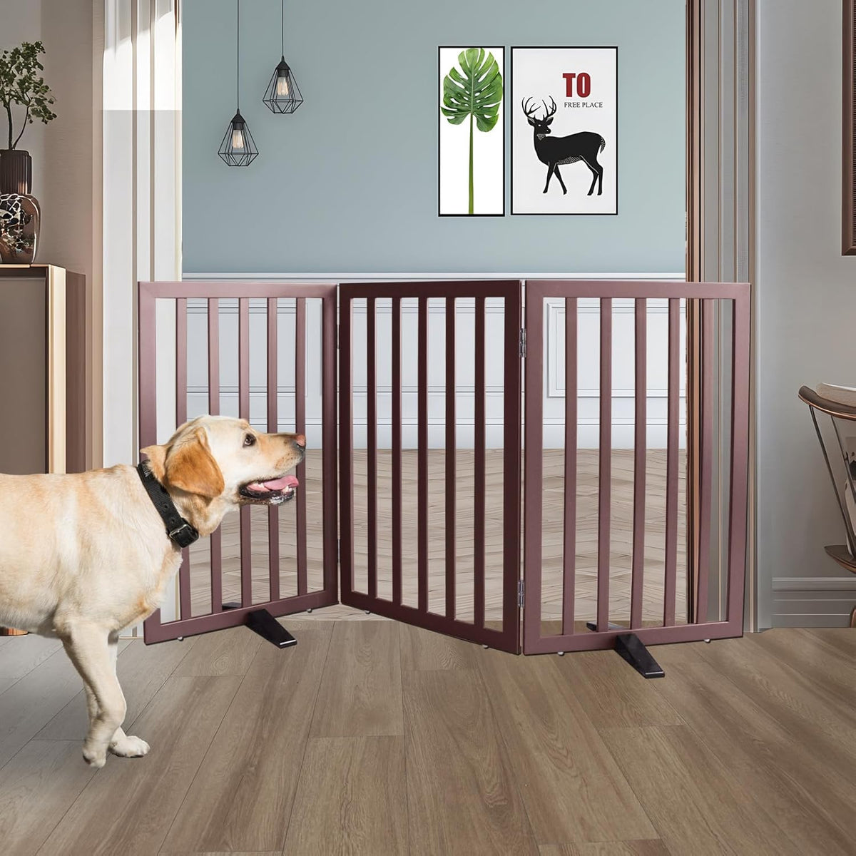ZJSF Freestanding Indoor Dog Gate for House Foldable Wood Puppy Gate for Doorways Pet Gate for Stairs Extra Wide Pet Fence, Brown, 32" Height 3 Panels