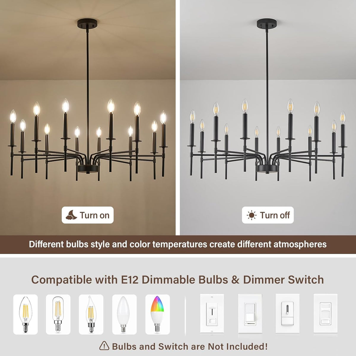 12 Light Black Chandelier Light Fixture, Modern Farmhouse Chandeliers for Dining Room Light Fixture, Metal Candle Pendant Chandelier for Foyer Entryway Stairs Living Room Bedroom Kitchen