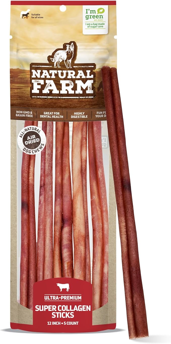 Natural Farm Odor-Free Super Collagen Dog Chews (12-Inch, 5-Pack) The First Ever Real Bull Sticks Alternative: 100% Natural Angus Hide Collagen Treats - More Protein, More Chew Time for All Dogs