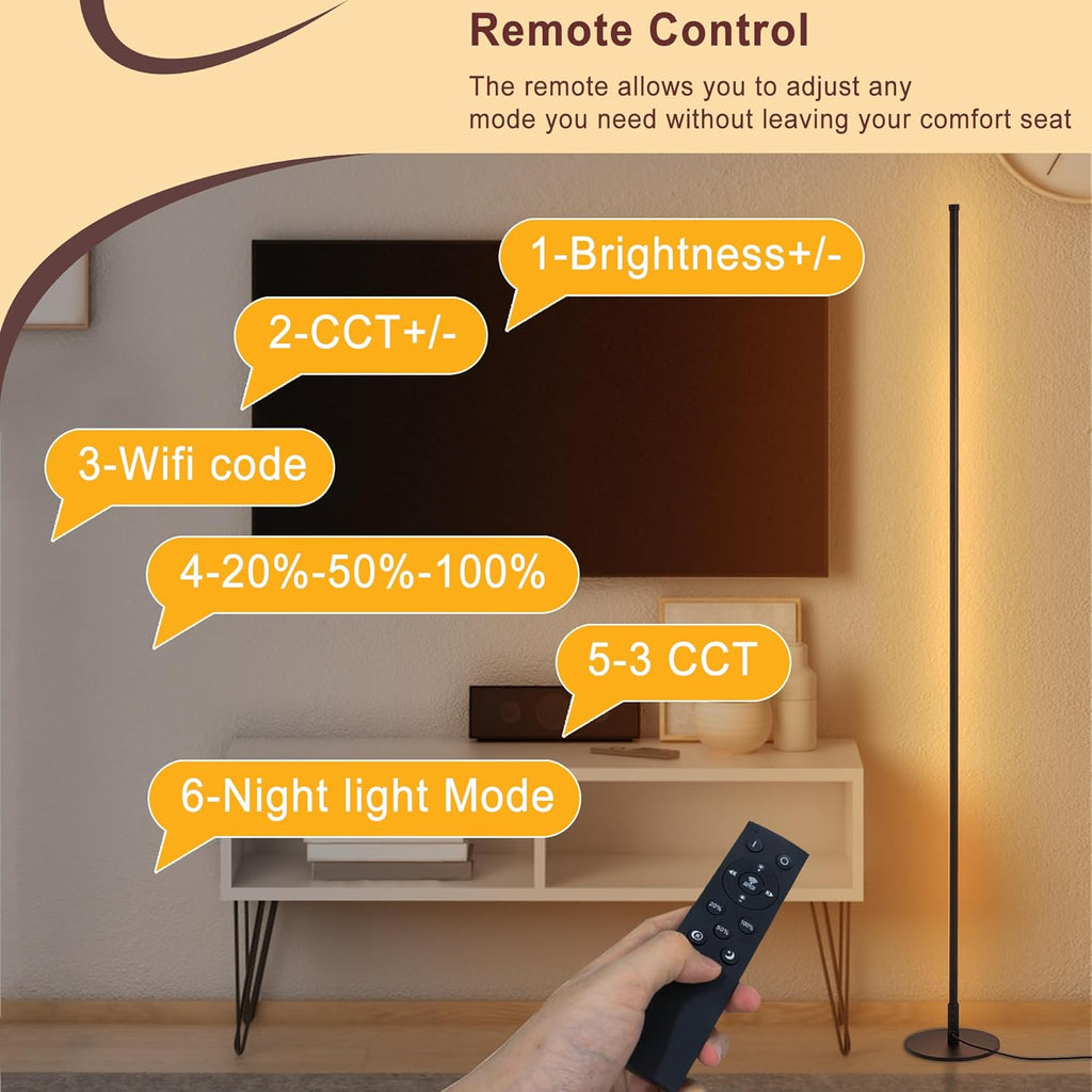 Modern Floor Lamps for Living Room, 56" LED Black Corner Lights with Remote, Dimmable, Floor Standing Lamp for Bedroom Home Office