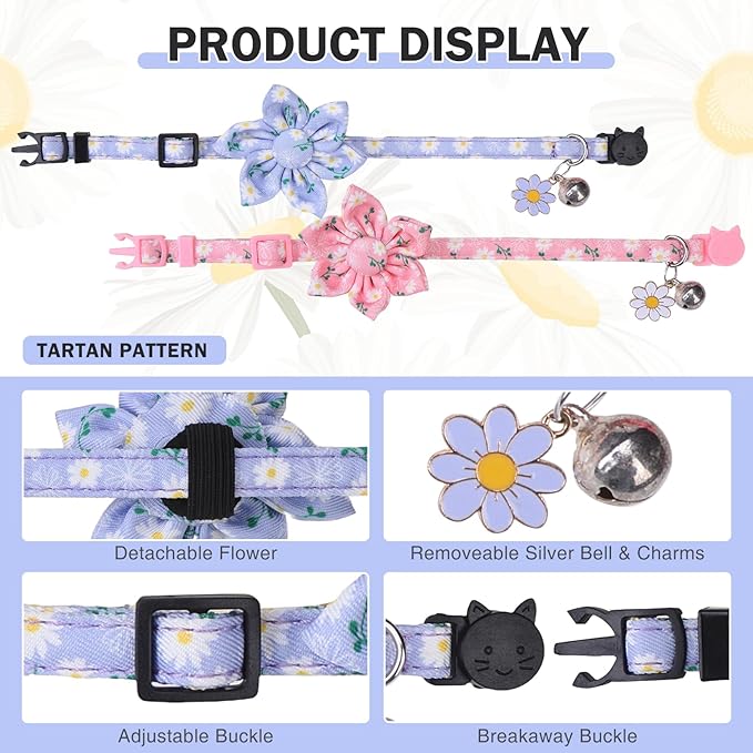 Breakaway Cat Collars for Girl Boy Cats, 2 Pack Cute Kitten Collar with Bells & Flowers, Safety Adjustable Female Male Kitty Puppy Floral Collar Pink & Blue, Small Pet Spring Gifts