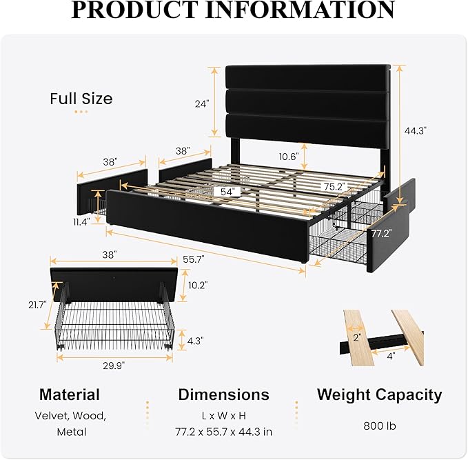 SHA CERLIN Full Size Platform Bed Frame with 4 Storage Drawers, Velvet Upholstered Headboard, Mattress Foundation with Wooden Slats Support, No Box Spring Needed, Easy Assembly, Black