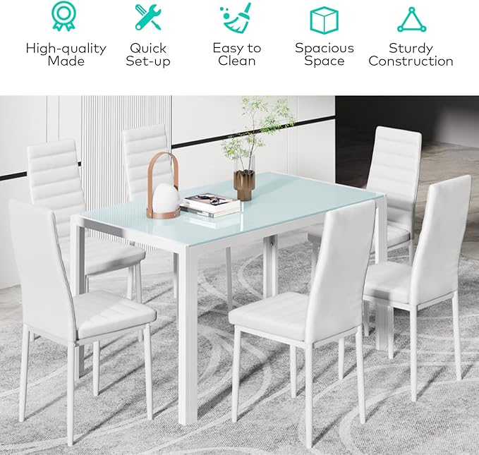 Gizoon Glass Dining Table Sets for 6, 7 Piece Kitchen Table and Chairs Set for 6 Person, PU Leather Modern Dining Room Sets for Home, Kitchen, Living Room