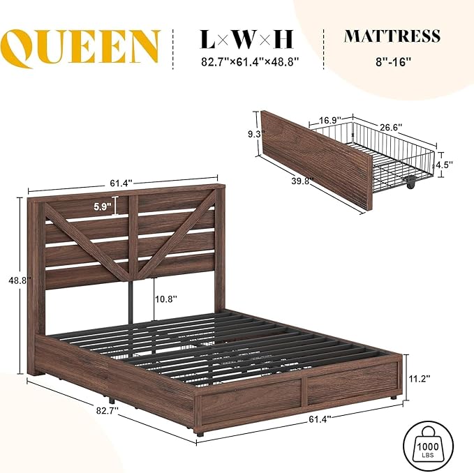 AMERLIFE Queen Size Farmhouse Bed Frame with 4 Drawers, Wooden Storage Bed Frame with Headboard and Heavy Duty Metal Slats, Noisy Free, Easy Assemble, Rusric Brown