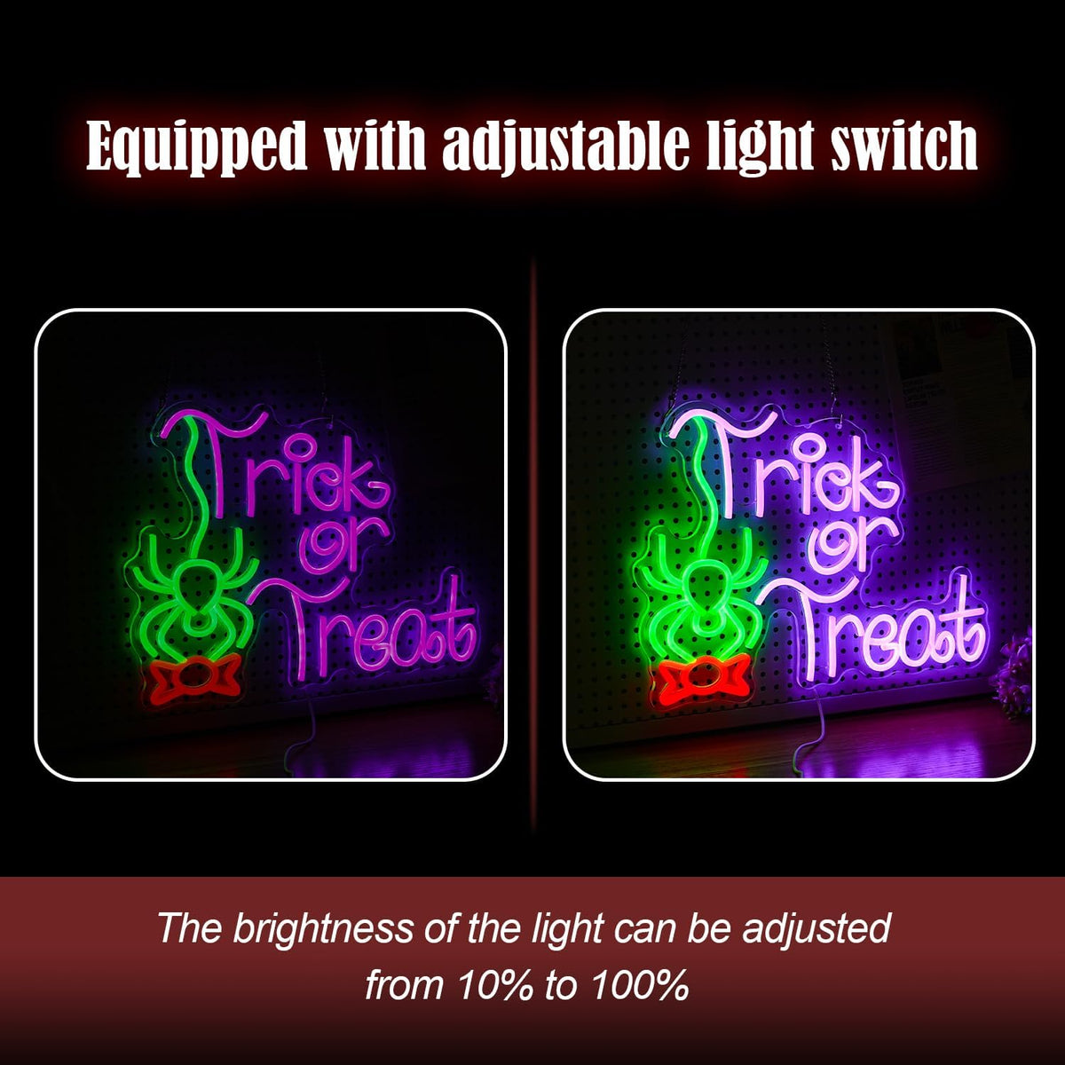 Trick Or Treat Neon Sign Funny Spider Candy LED Neon Light for Wall Decor Dimmable USB Halloween Light Up Sign for Halloween Party Home Neon Decor (16.7 * 12.8In)