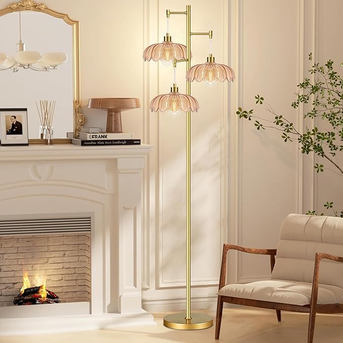 Gold Floor Lamps for Living Room 3 Lights Floor Lamp with Glass Lampshape & Three Led Bulb,Mid Century Standing Lamp Vintage Brass Tall Lamp Tree Floor Lamp for Bedroom Corner