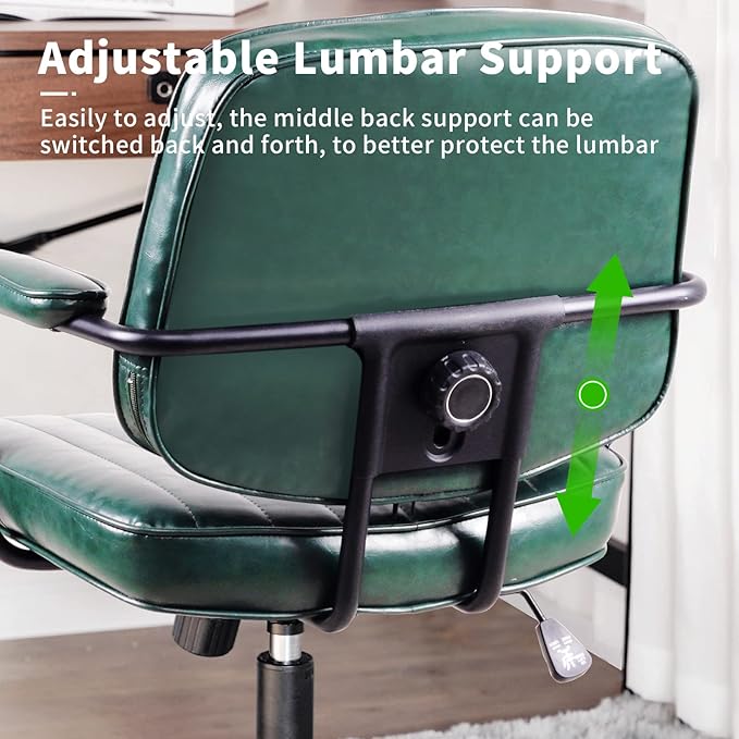 Artswish Mid Century Office Desk Chair - Green Leather Home Office Chair with Wheels and Arms