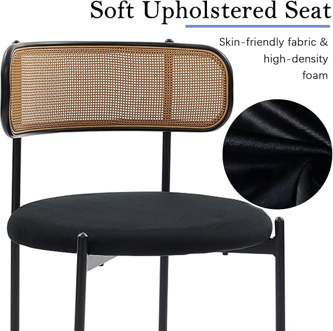 Rattan Dining Chairs Set of 8, Mid Century Modern Dining Chairs with Cane Back and Boucle Upholstered Seat, Farmhouse Kitchen Chairs for Dining Room and Living Room, Black