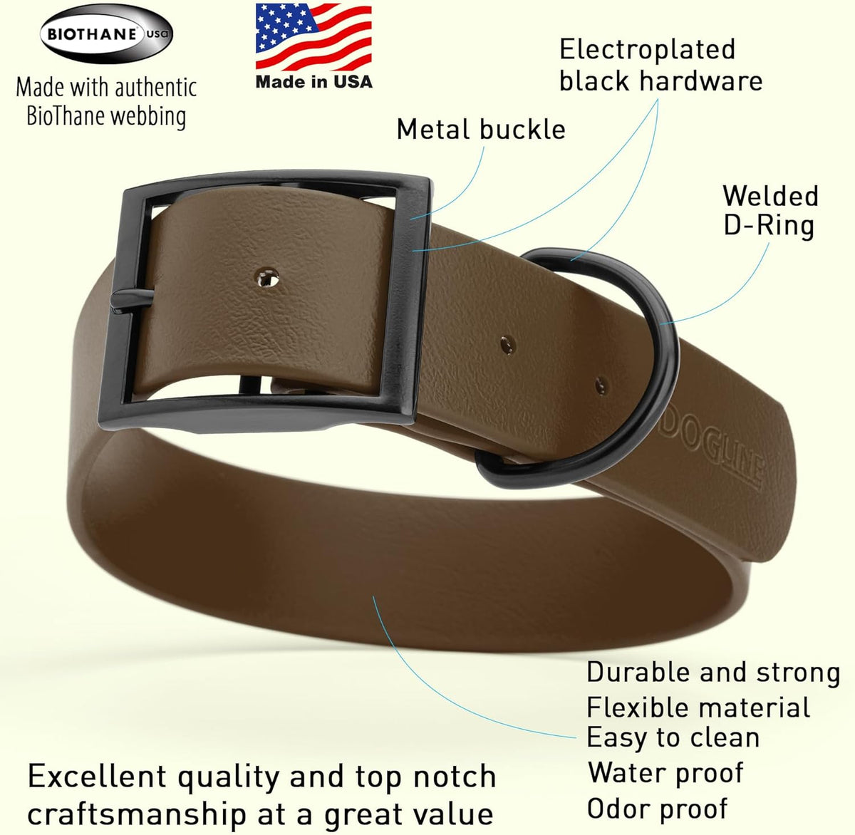 Dogline Biothane Waterproof Dog Collar Strong Coated Nylon Webbing with Black Hardware Odor- Proof for Easy Care Easy to Clean High Performance Fits Small Medium or Large Dogs, Dark Chocolate Brown
