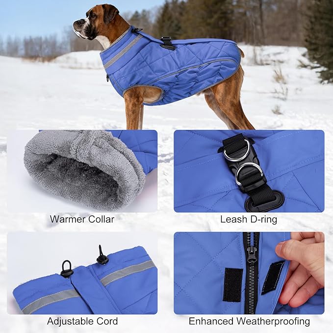 Dog Coat, Warm Dog Winter Coat for Large Dogs, Waterproof Jacket with Harness Built in, Reflective Turtleneck Cold Weather Coats with Zipper,Pet Fleece Vest Snow Jacket, Blue XXL
