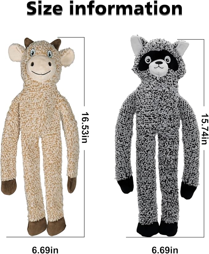 2 Pack Dog Toys with Squeakers, Plush Teething Toys to Keep Them Busy, No Stuffing Crinkle Interactive Dog Animals, Cute Funny Dogs Gifts for Small Medium Large Breed (Raccoon Cattle)