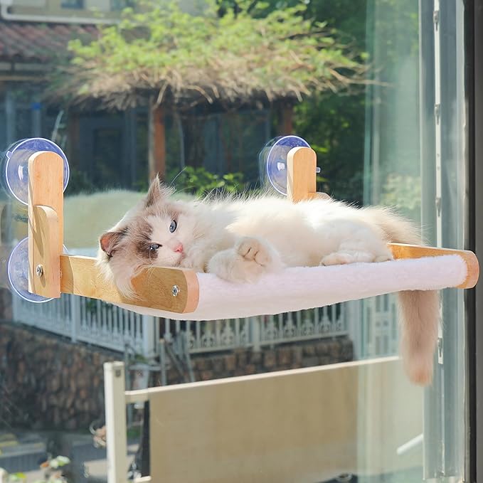 Cat Window Perch with Wooden Frame – Aloxina Foldable Cat Hammock Bed for Indoor Cats, Soft Rabbit Fur Cover, Washable, Strong Suction Cups, No Drilling, Supports Large Cats
