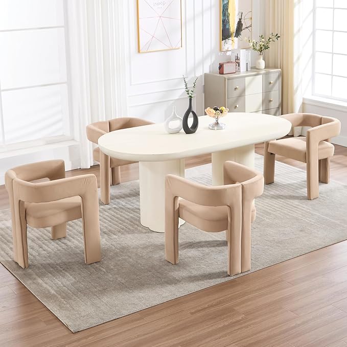 Modern Dining Chairs Set of 6, Upholstered Side Chairs Velvet Fabric Guest Chairs with Barrel Backrest Armchair for Dining Room Living Room, Khaki