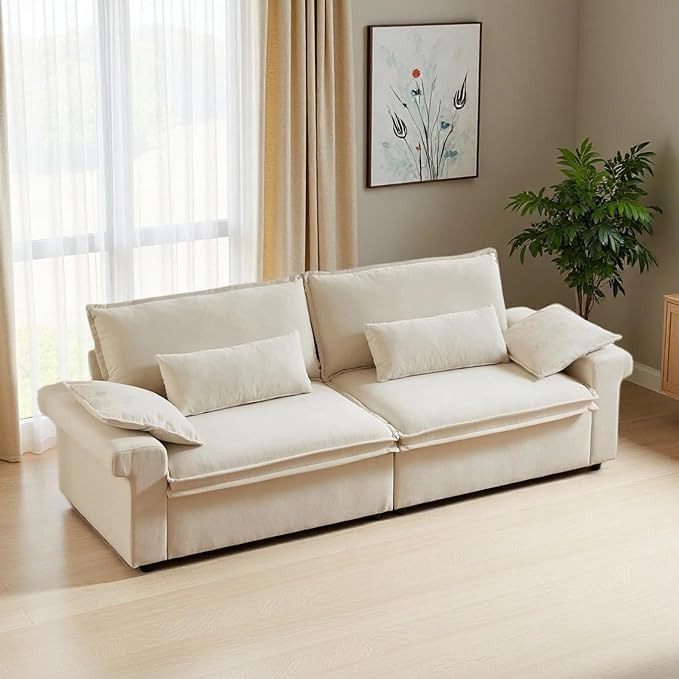 94 Inch Sofa, Oversized Couch with Wide Arms, Modern 3-Seater Sofa w/Throw Pillows, Chenille Fabric, Deep Seat Cushion, Easy Assembly, Comfy Couch for Living Room, Apartment, Office, Beige