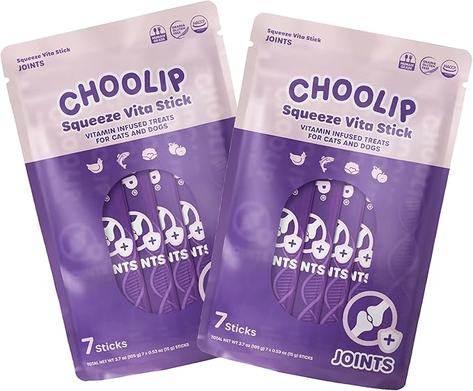 Choolip Squeeze Vita Stick Lickable Cat & Dog Treats – 14 Sticks (2×7 Value Bundle) Joint Support, Creamy Grain-Free Puree with MSM, Green-Lipped Mussel & Vitamin E for Mobility & Cartilage Health