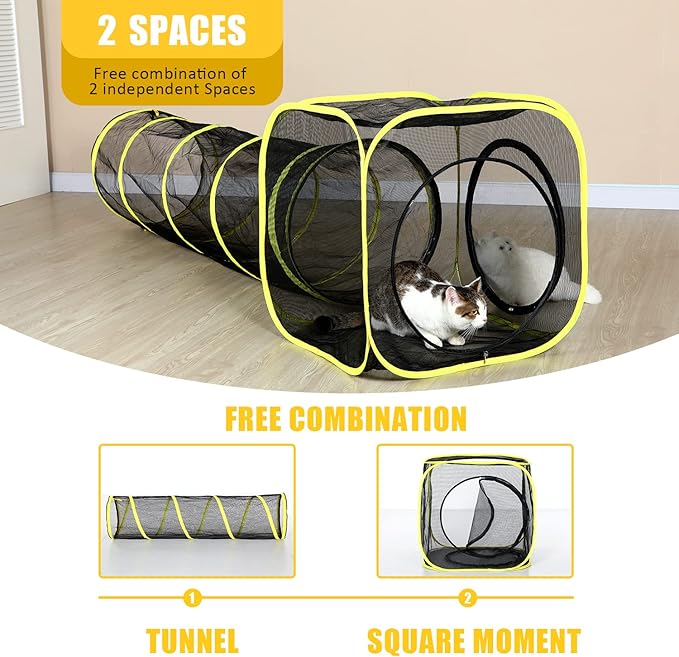 Outdoor Cat Enclosure & Tunnel - Portable Mesh Tent, Cat Playhouse with Adjustable Harness & Leash, Colorful Tease Ball