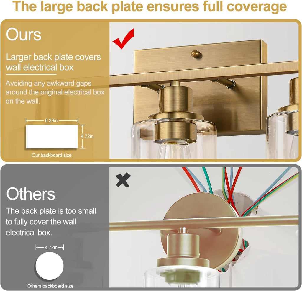 3 Light Bathroom Light Fixtures, Brass Vanity Lights for Bathroom with Clear Glass Shades, Modern Bathroom Wall Sconces for Mirror Living Room Cabinet