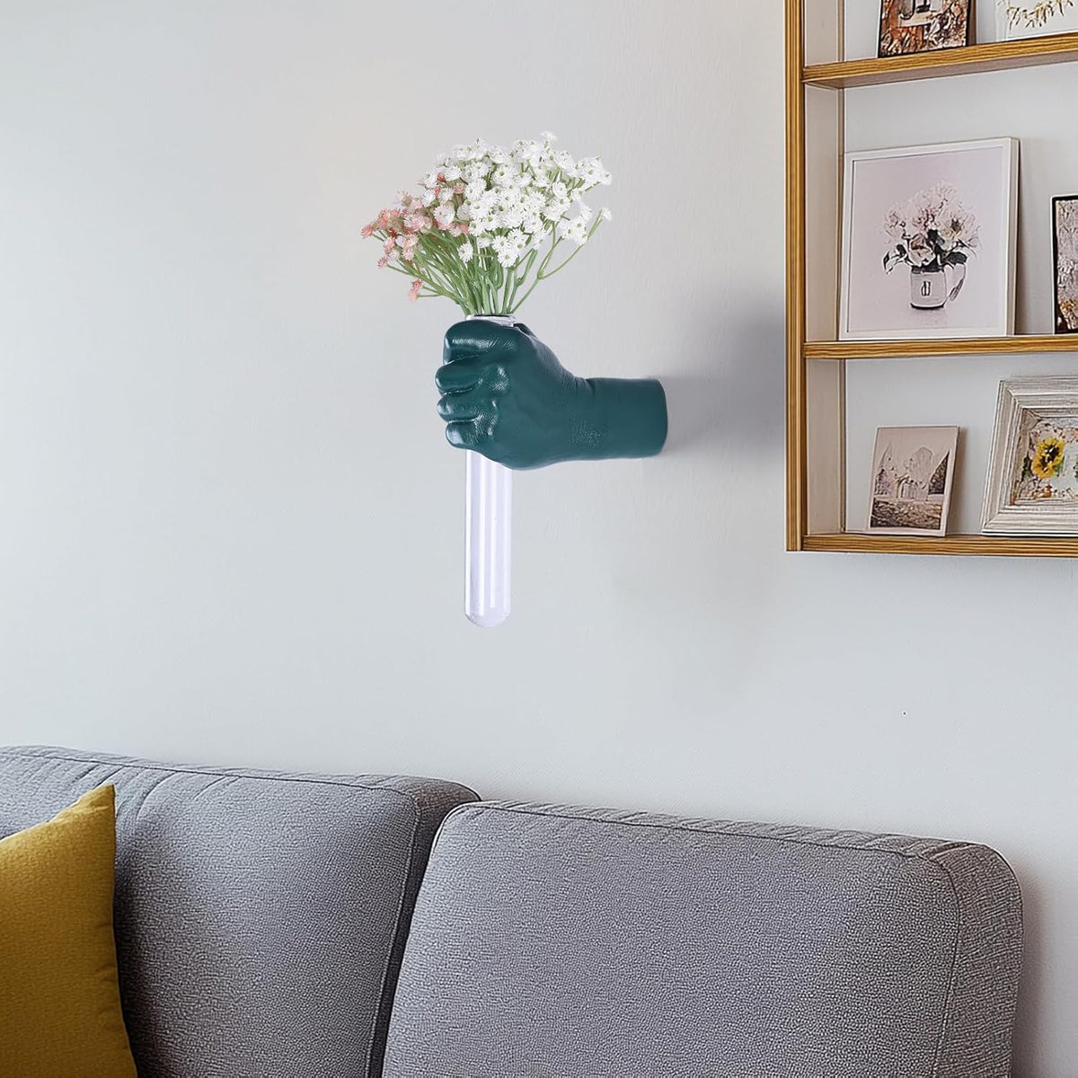 Green Wall Sculptures, Hand Vases Home Decor, Wall Mount Art Sculpture, Unique Wall Art Statue, Funky Flower Vase Decorations, Modern Eclectic Hanging Decor,Glass Test Tube Vase